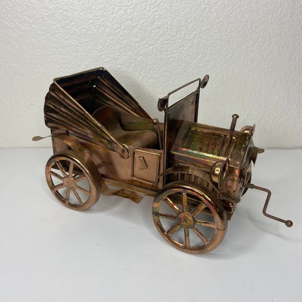 Vintage Copper Tin Windup Music Box Car